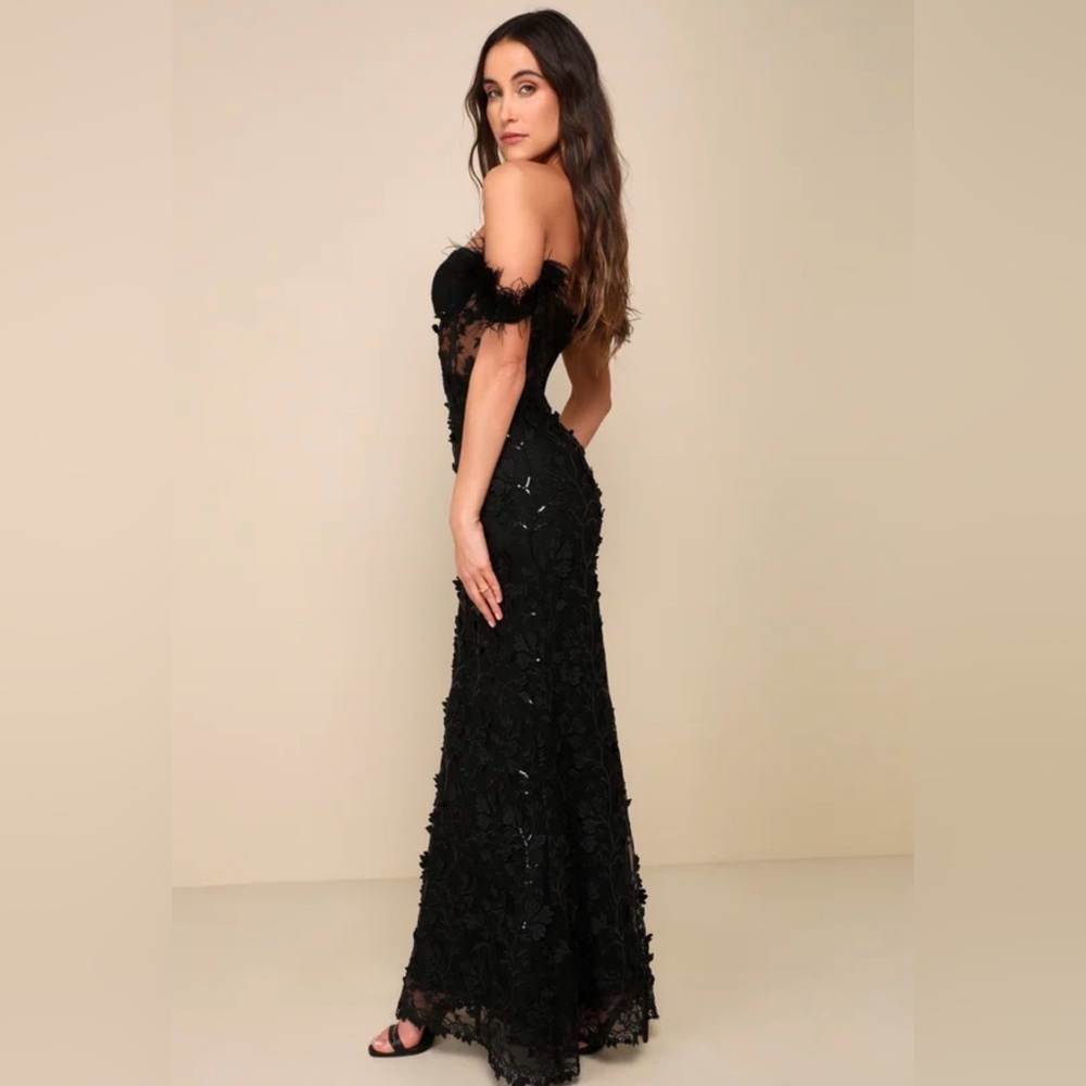 MIDNIGHT SPARKLE BLACK EMBROIDERED FEATHER BUSTIER MAXI DRESS - Picture 2 of 10